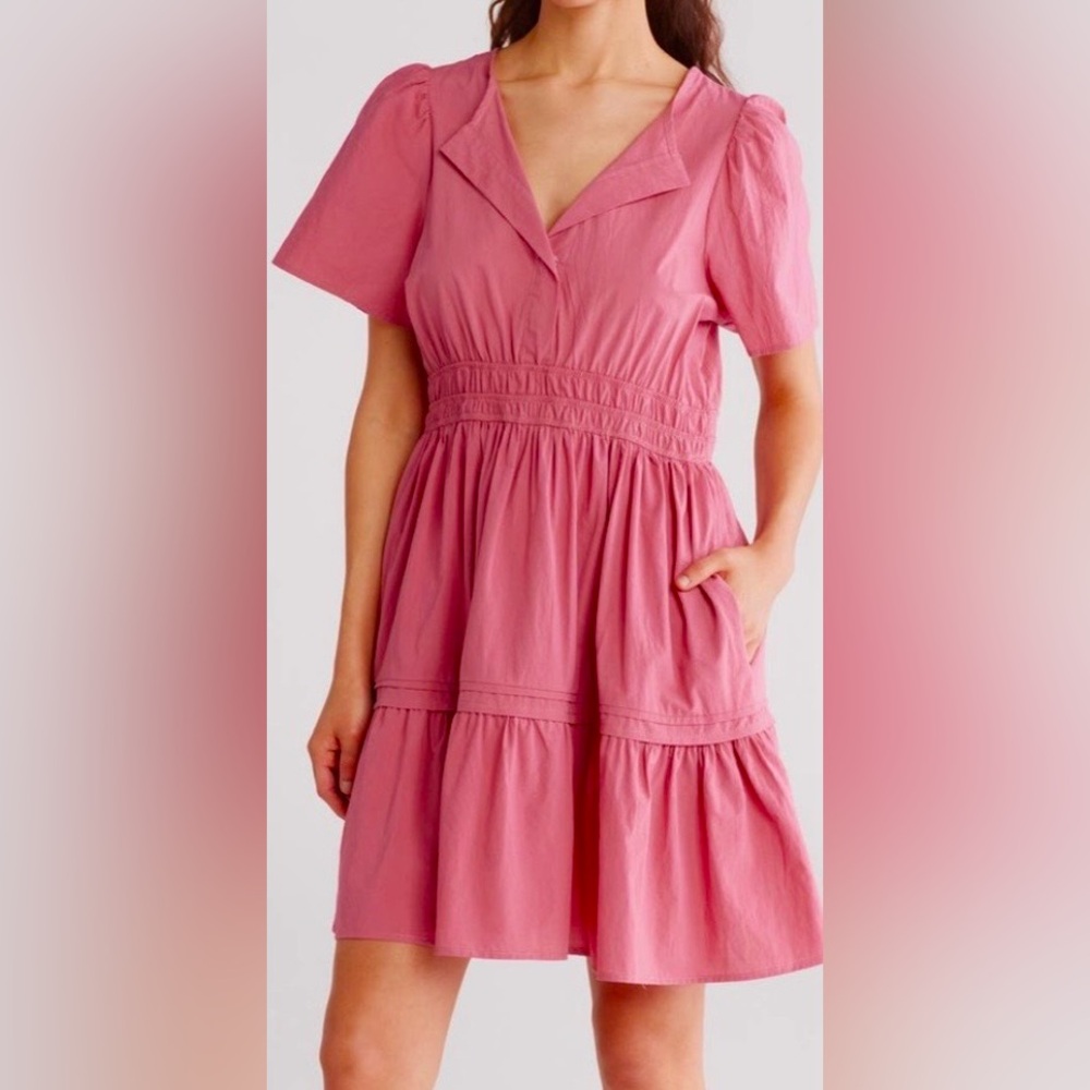 $160 StitchDrop women’s knee length dress solid raspberry blush pink v-neck new